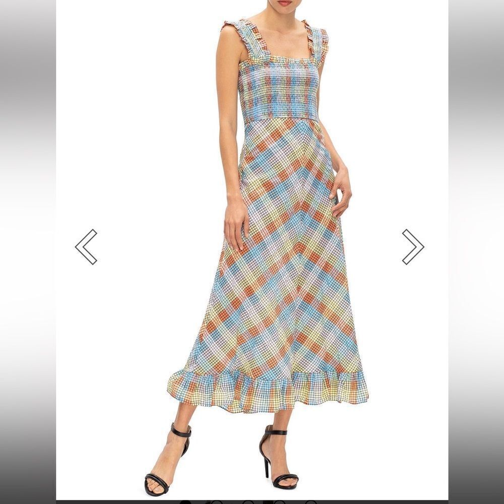 GANNI SEERSUCKER CHECK SLEEVELESS MIDI DRESS smocked cotton summer 42 L